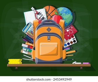 School green chalkboard with backpack. Stationery supplies in student bag. Books, paint, apple, calculator, pen, pencil, ruler. Education and study learning. Vector illustration in flat style