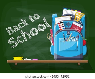 School green chalkboard with backpack. Stationery supplies in student bag. Books, paint, apple, calculator, pen, pencil, ruler. Education and study learning. Vector illustration in flat style