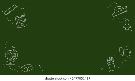 school green chalkboard template background illustration with hand drawn school supplies and copy space
