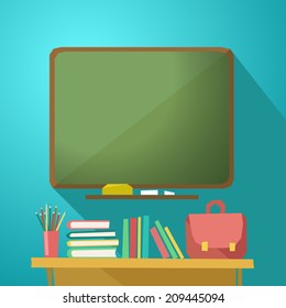 School green desk with school supplies, vector illustration in flat design  