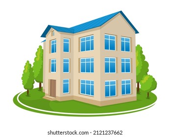 School with a green lawn. Icon. 3d vector illustration isolated on white background.
