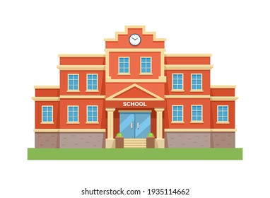 School with a green lawn. Icon. Flat vector illustration isolated on white background.