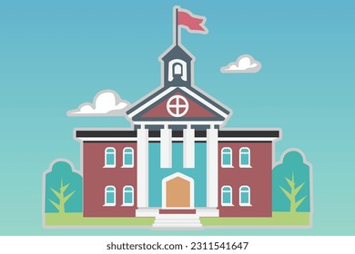 School with a green lawn. Icon. Flat vector illustration isolated on Any color of the background, School building in flat style. Modern school, college building. Vector illustration