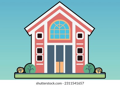 School with a green lawn. Icon. Flat vector illustration isolated on Any color of the background, School building in flat style. Modern school, college building. Vector illustration