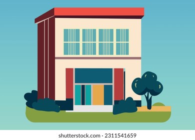 School with a green lawn. Icon. Flat vector illustration isolated on Any color of the background, School building in flat style. Modern school, college building. Vector illustration