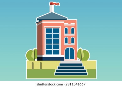 School with a green lawn. Icon. Flat vector illustration isolated on Any color of the background, School building in flat style. Modern school, college building. Vector illustration