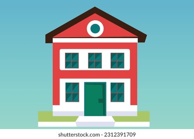 Escuela con césped verde. Icono. Ilustración vectorial plana aislada en cualquier color del fondo, Edificio escolar de estilo plano. Escuela moderna, edificio universitario. Ilustración del vector