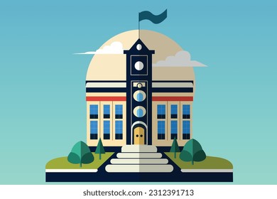 School with a green lawn. Icon. Flat vector illustration isolated on Any color of the background, School building in flat style. Modern school, college building. Vector illustration