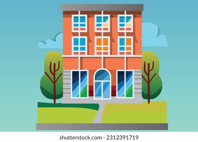 School with a green lawn. Icon. Flat vector illustration isolated on Any color of the background, School building in flat style. Modern school, college building. Vector illustration