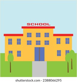 Escuela con césped verde. Icono. Ilustración vectorial plana aislada en fondo azul claro