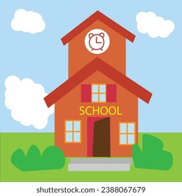 School with a green lawn. Icon. Flat vector illustration isolated on light blue background.