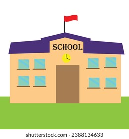 Schule mit grünem Rasen. Symbol. Flache Vektorgrafik einzeln auf weißem Hintergrund.