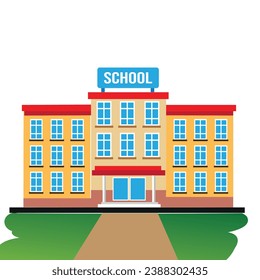 School with a green lawn. Icon. Flat vector illustration isolated on white background.