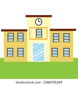 School with a green lawn. Icon. Flat vector illustration isolated on white background.