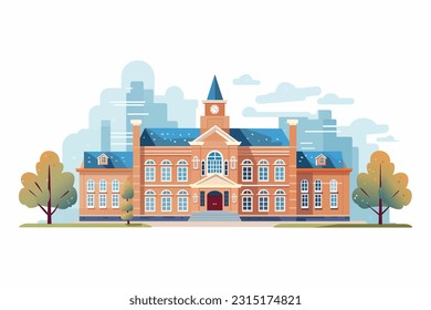 School with green lawn and trees. School against the backdrop of a modern city. Flat vector illustration isolated on white background.