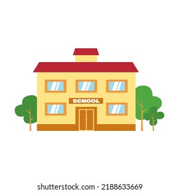 Una escuela con árboles verdes. Icono. Ilustración vectorial plana, aislada en fondo blanco.