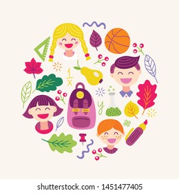 School greeting card with leaves, ball, berries, backpack, pin, pear, ruler, boys and girls faces on beige background. Circle ornament. Perfect for autumn invitation, educational materials