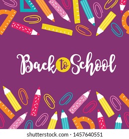 School greeting card with seamless border - colorful pencils, protractor and clips. Perfect for educational posters