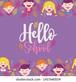School greeting card with seamless border - leaves, pupil, boy, girl. Perfect for educational posters