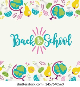 School greeting card with seamless border - globus, pear, clip, berry, chemical reagents. Perfect for educational posters
