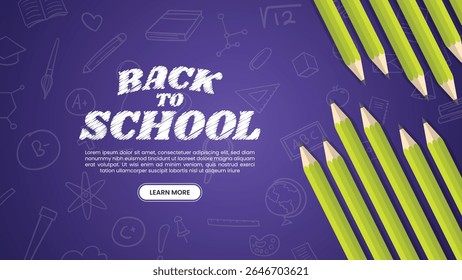 School greeting text template design with educational supplies elements. Vector illustration 