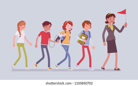 School Group Excursion. Students And A Teacher Taking A Short Journey Or Trip Outdoor, Walking In A Line For Educational Daytrip, Enjoy Summer Activity. Vector Flat Style Cartoon Illustration