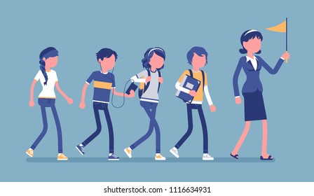 School group excursion. Students and teacher taking a short journey or trip outdoor, walking in a line for educational daytrip, enjoy summer activity. Vector illustration, faceless characters