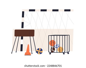 Gimnasio escolar, clase de educación física, formación. Sala de deportes, gimnasio vacío con equipo atlético, bolas, red, suministros para juegos. Ilustración vectorial plana aislada en fondo blanco