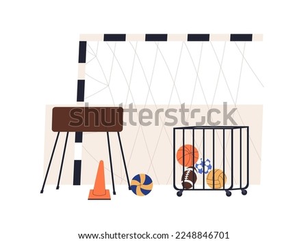 School gym, class for PE, physical education, training. Sport hall, empty gymnasium with athletic equipment, balls, net, supplies for games. Flat vector illustration isolated on white background
