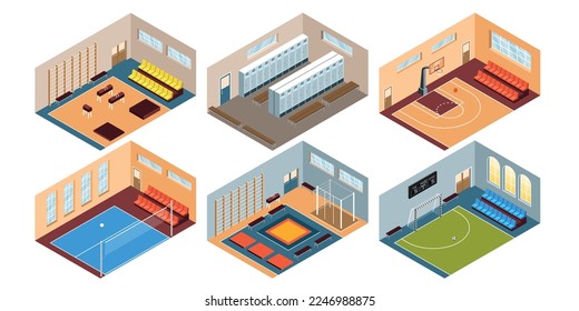 School gym and dressing room interior set with various sport equipment for team games and gymnastics isolated vector illustration