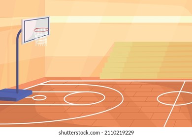 Ilustración vectorial de color plano de gimnasio escolar. Gimnasio con parqué para los juegos deportivos. Espacio para hacer ejercicio. Interior de caricatura 2D de cancha de baloncesto con bancos de estadio en segundo plano