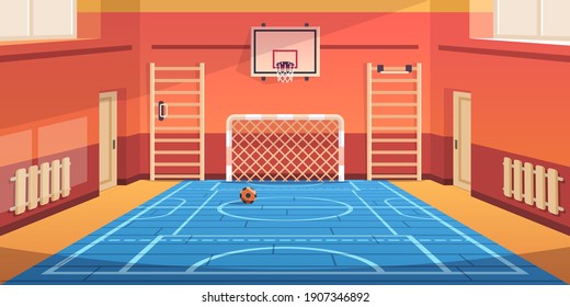 School Gym. Gymnasium Basketball Court And Campus Soccer Arena. Comfortable Hall For Kids Active Games And Sport Exercises. Empty Equipped Training Room With Gymnastic Equipment. Vector Illustration