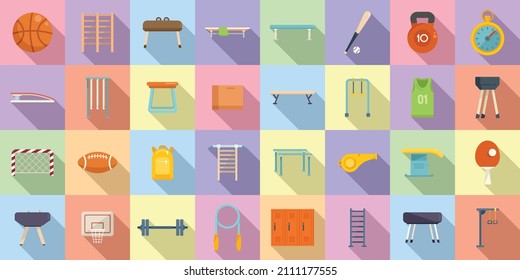 School gym icons set flat vector. Club equipment. Room bag