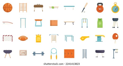 School gym icons set flat vector. Club equipment. Room bag isolated