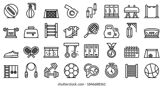 School gym icons set. Outline set of school gym vector icons for web design isolated on white background