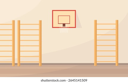 School gym interior with gymnastics walls and basketball hoop. Gym, training, competition.