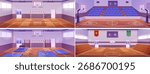 School gym interiors vector flat illustrations set. Basketball and sport team games, athletic sport court. Workout or championship area with tribune and scoreboard. Empty college stadium arena