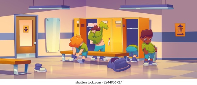 Sala de vestuario de gimnasia escolar con niños cambiando el uniforme deportivo. Interior de vestidor masculino con taquillas, bancos, espejo y niños, ilustración vectorial de estilo contemporáneo