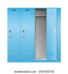 School and gym lockers, realistic metal boxes for personal belongings storage. Closed and open cabinets with code combination locks. 3d vector illustration
