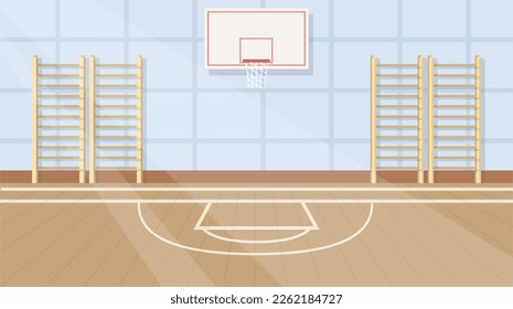 Interior vectorial del gimnasio escolar. Canasta de baloncesto, pared sueca y cancha deportiva para jugar a las clases. Esfera de trabajo para escolares