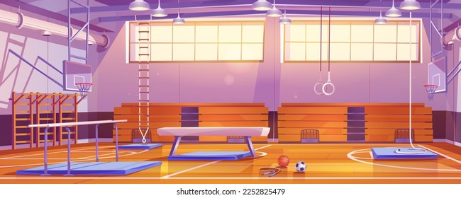 School gymnasium with sport equipment, basketball and soccer balls, baskets on walls, bars, tribune and pommel horse. Empty gym court with sport accessories, vector cartoon illustration
