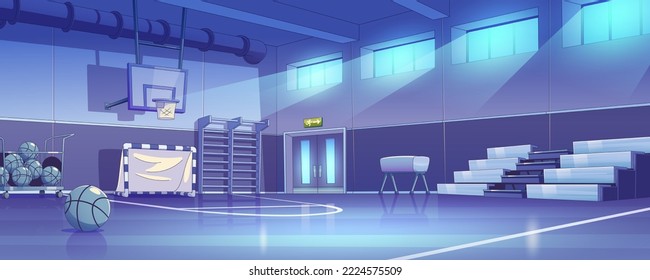 School Gymnasium, Sport Gym Interior With Soccer Gate, Basketball Balls In Cart, Wall Bars, Tribune And Pommel Horse At Night, Vector Illustration In Contemporary Style