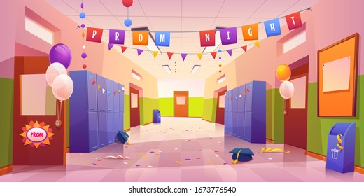 School Hall After Prom Night Celebration. Empty College Corridor Interior With Balloons, Garlands On Students Lockers, Confetti And Academic Hats Scattered On Tiled Floor. Cartoon Vector Illustration