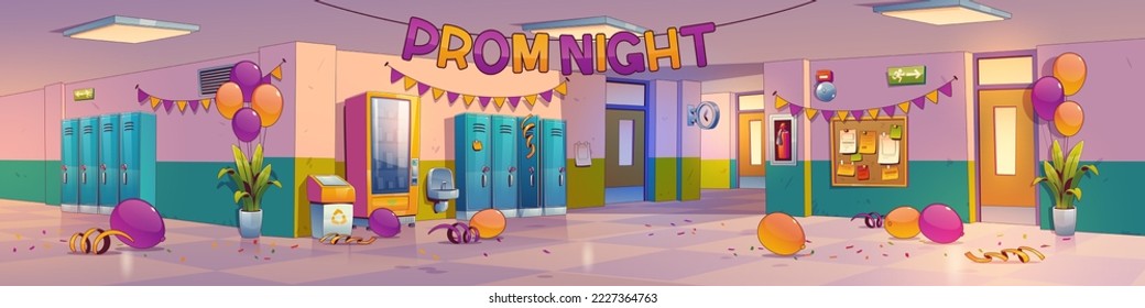 School hall after prom night celebration. Empty college corridor interior with garlands, students lockers, confetti and balloons scattered on tiled floor, Contemporary cartoon vector illustration