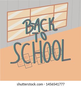 School hallway and big window on background. Hand lettering back to school. Vector