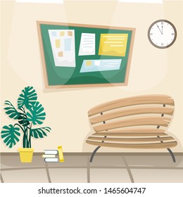 School hallway with a Bulletin Board, a bench and a decorative plant. Flat vector illustration.