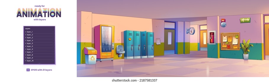 School hallway, corridor interior layers ready for animation. Parallax background with lockers, vending machine, schedule. College campus hall Cartoon 2d graphics for game, vector illustration