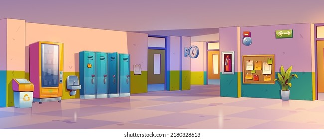 School hallway, corridor interior with lockers, vending machine and litter bin, sink, schedule board and plant on tiled floor. College campus hall or university lobby, Cartoon vector illustration