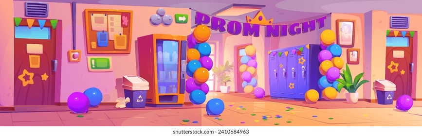 School hallway decorated for prom night party. Cartoon corridor interior with party flags, balloons and confetti for graduation event celebration. Lobby with door to class, lockers and vending machine