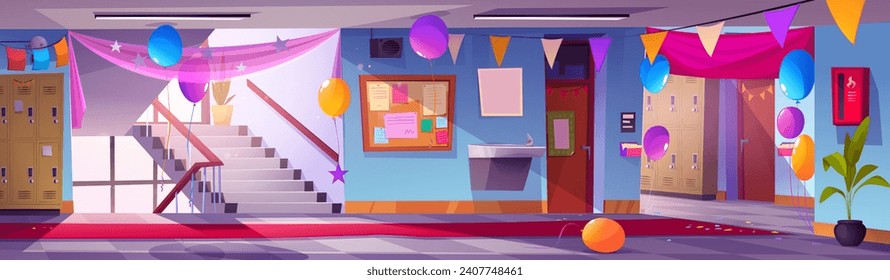 School hallway during holiday or graduation event decorated with party flags, balloons and drapery. Cartoon vector illustration of prom party celebration. Corridor interior with stairs and lockers